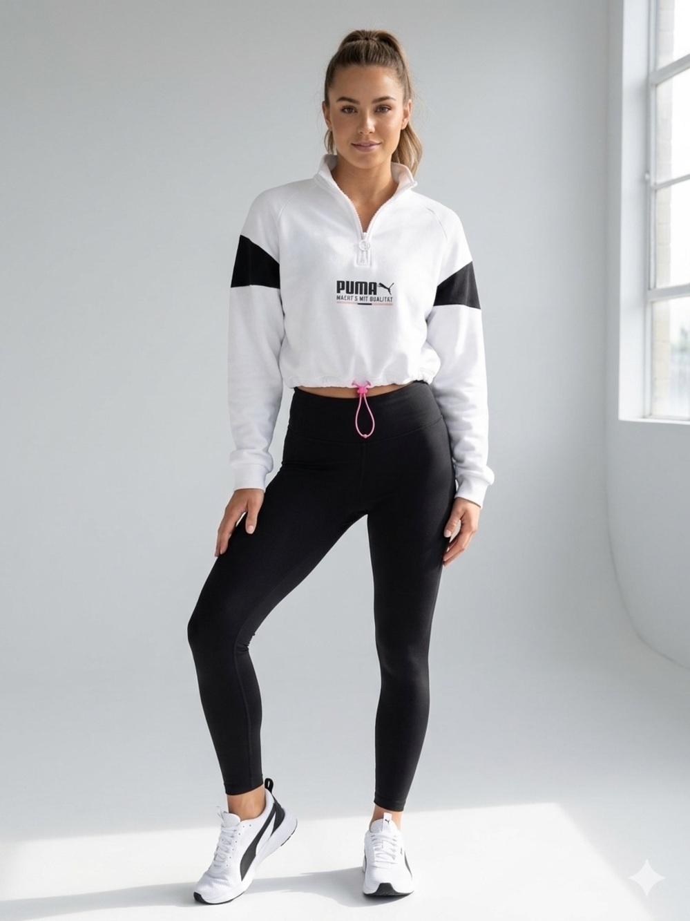 Puma White and Black Half-Zip Crop Sweatshirt